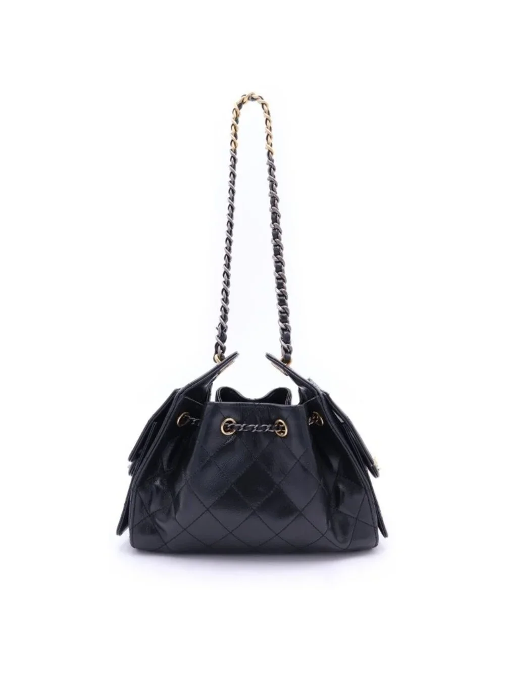 Chanel 25 Mini Chain Shoulder Bag Black Leather Silver Gold